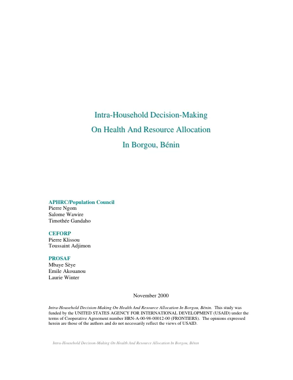 Intra-household decision-making on health and resource allocation in Borgou, Benin