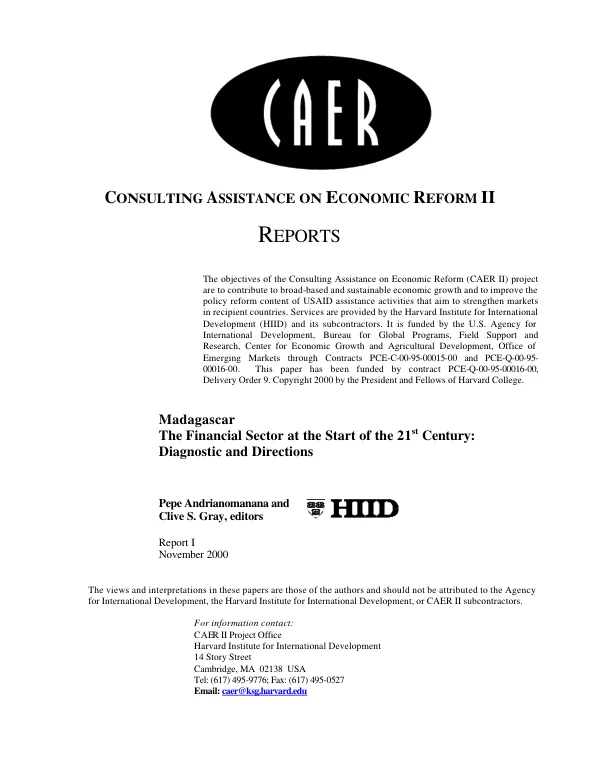Madagascar : the financial sector at the start of the 21st century -- diagnostic and directions