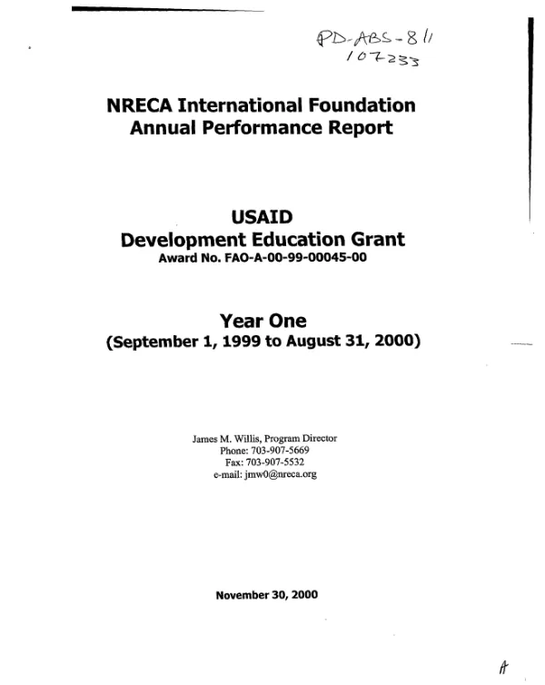 NRECA International Foundation annual performance report : USAID development education grant, award no. FAO-A-00-99-00045-00 : year one (September 1, 1999 to August 31, 2000)