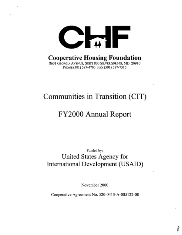 Cooperative Housing Foundation : communities in transition (CIT) -- FY 2000 annual report : cooperative agreement 520-0413-A-00-5122-00