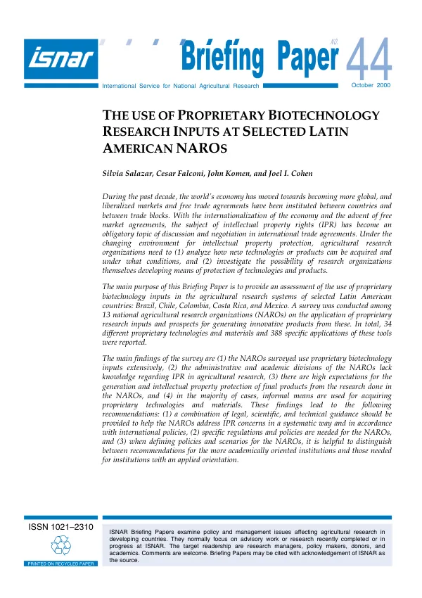 Use of proprietary biotechnology research inputs at selected Latin American NAROs [national agricultural research organizations]