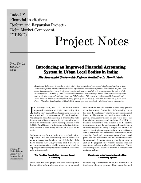 Introducing an improved financial accounting system in urban local bodies in India : the successful state-wide reform initiative in Tamil Nadu