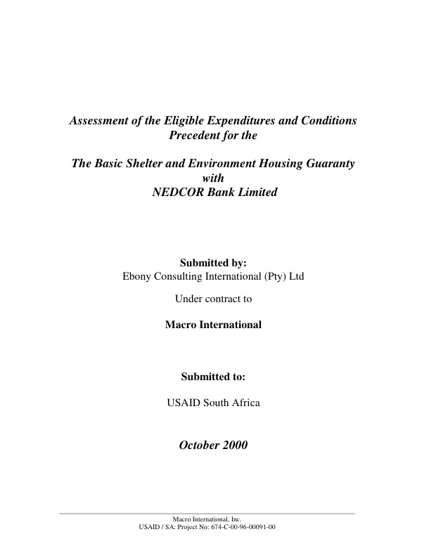 Assessment of the eligible expenditures and conditions precedent for the basic shelter and environment housing guaranty with NEDCOR Bank Limited