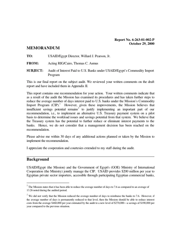 Audit of interest paid to US banks under USAID/Egypt"s commodity import program