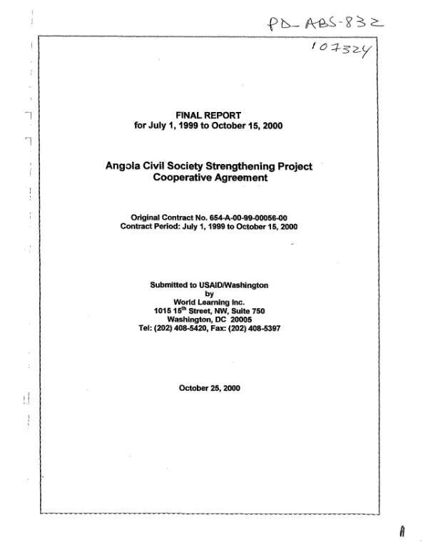 Final report for July 1, 1999 to October 15, 2000 : Angola civil society strengthening project cooperative agreement no. 654-A-00-99-00056-00