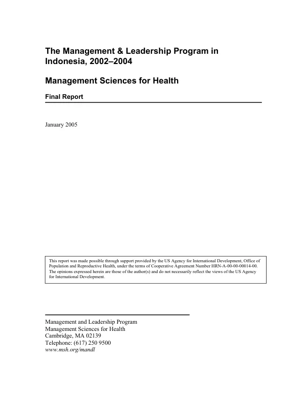 Management and leadership program in Indonesia, 2002-2004 : Management Sciences for Health -- final report