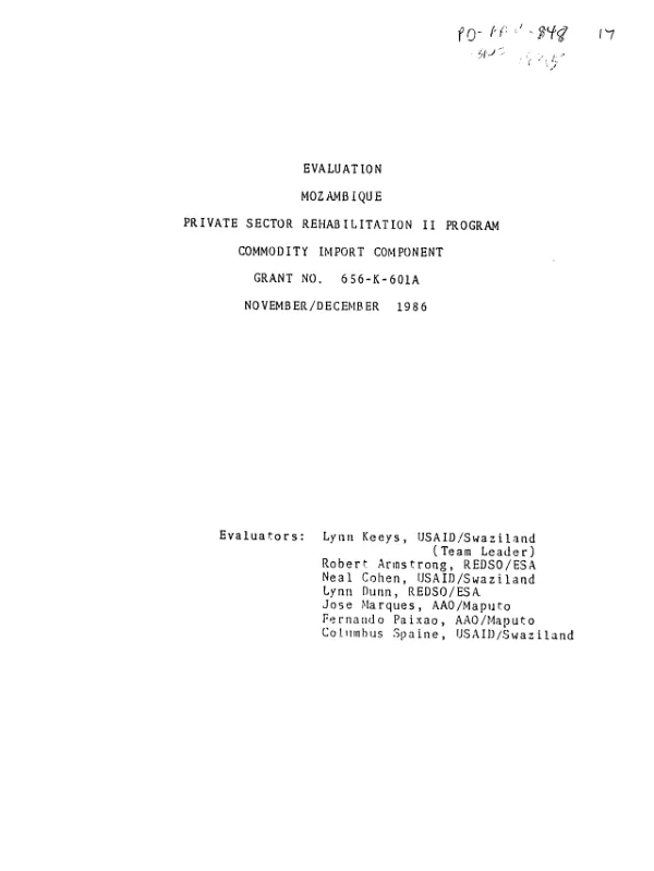 Evaluation : Mozambique private sector rehabilitation II program, commodity import component, grant no. 656-K-601A