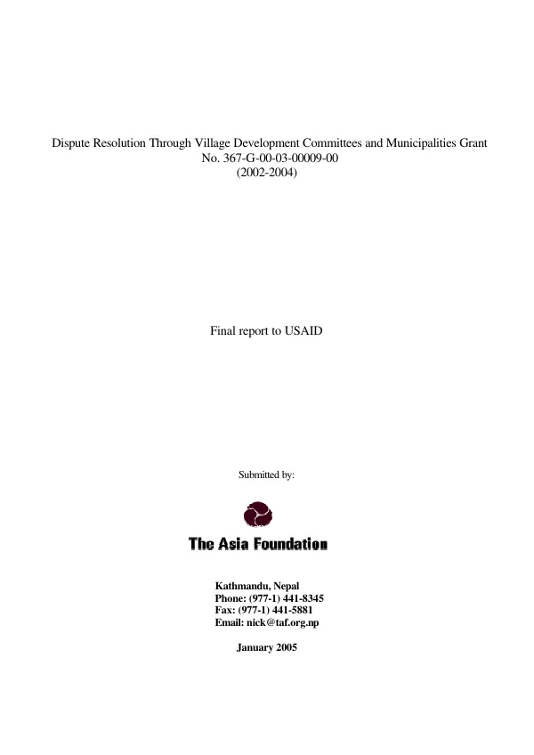 Dispute resolution through village development committees and municipalities grant no. 367-G-00-03-00009-00 (2002-2004) : final report to USAID