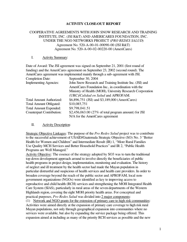 Activity close-out report : cooperative agreements with John Snow Research and Training Institute Inc. (JSI R&T) and AmeriCares Foundation, Inc. under the NGO networks project (pro redes salud)