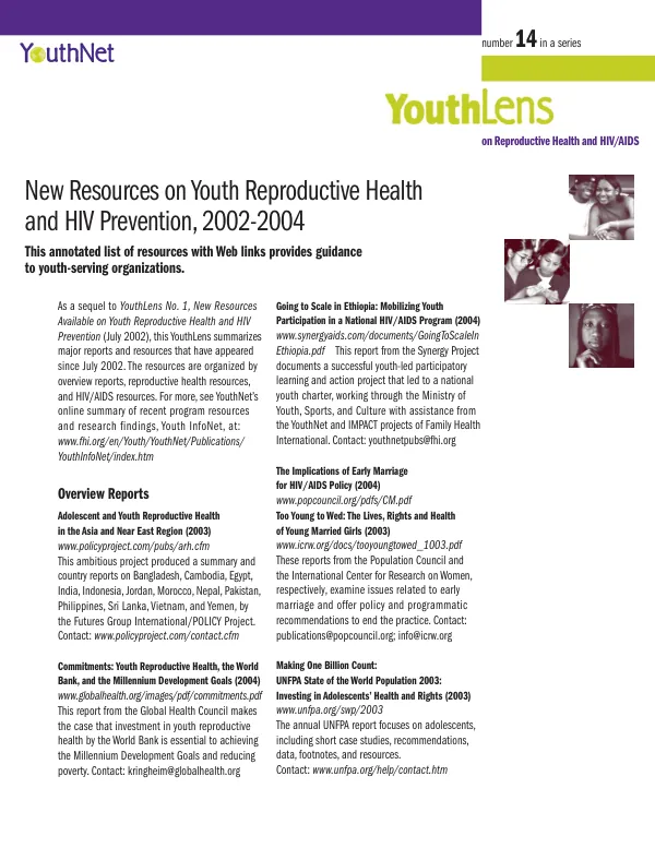 New resources on youth reproductive health and HIV prevention, 2002-2004