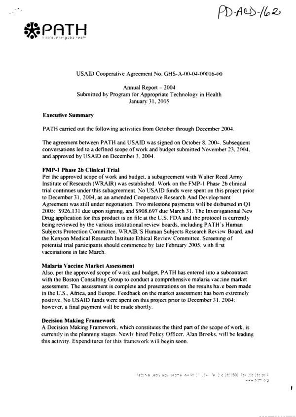 USAID cooperative agreement no. GHS-A-00-04-00016-00 : annual report 2004 -- [malaria vaccine initiative (MVI)]