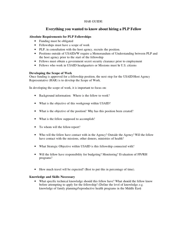 HAR [host agency representative] guide : everything you wanted to know about hiring a PLP [population leadership program] fellow