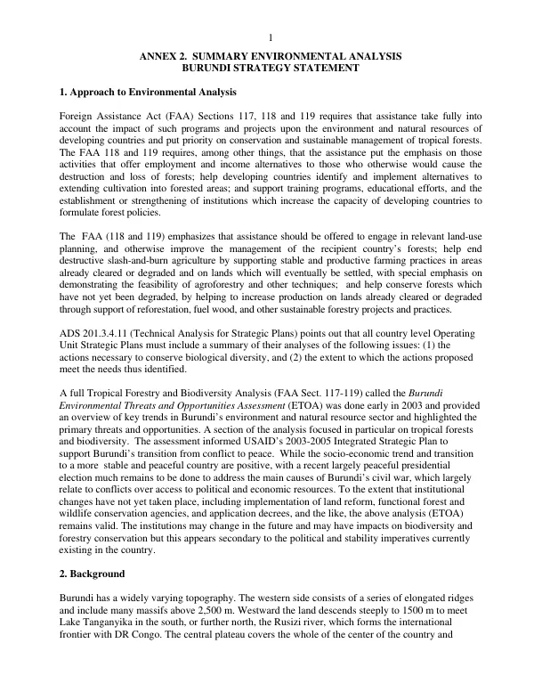 ANNEX 2. SUMMARY ENVIRONMENTAL ANALYSIS BURUNDI STRATEGY STATEMENT