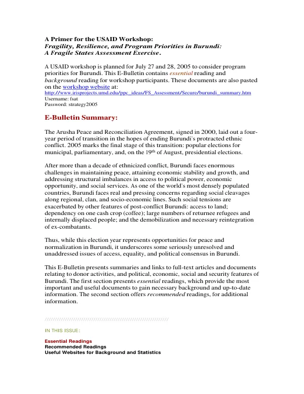 A primer for the USAID workshop : fragility, resilience, and program priorities in Burundi: a fragile states assessment exercise