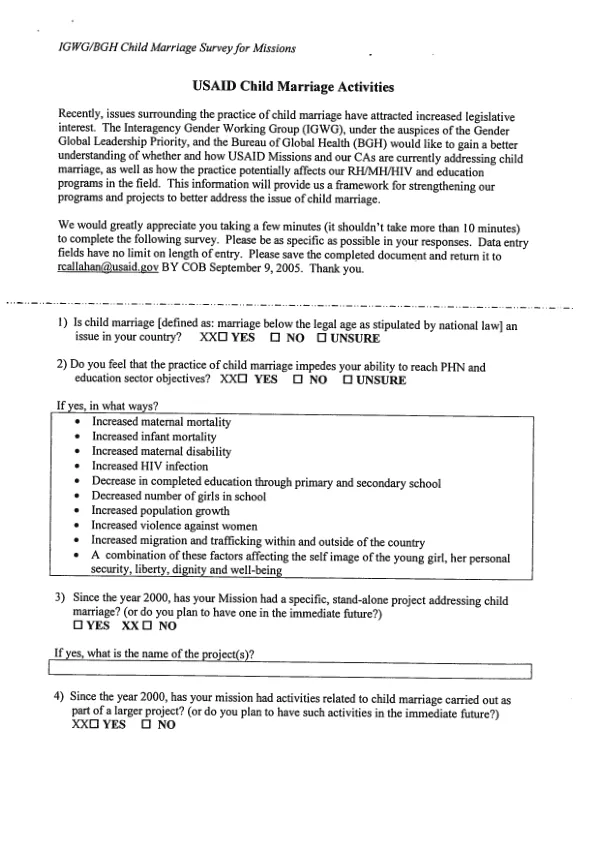 USAID child marriage activities : IGWG/BGH child marriage survey for missions
