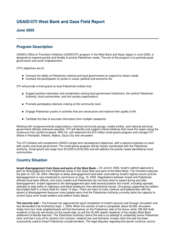 USAID/OTI West Bank and Gaza field report, June 2005