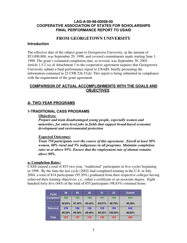 LAG-A-00-98-00058-00 : Cooperative Association of States for Scholarships -- final performance report to USAID from Georgetown University