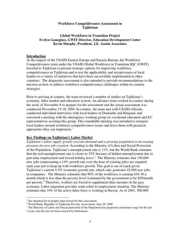Workforce competitiveness assessment in Tajikistan