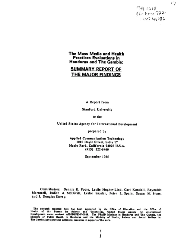 Mass media and health practices evaluations in Honduras and The Gambia : summary report of the major findings
