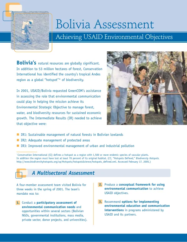 Bolivia assessment : achieving USAID environmental objectives