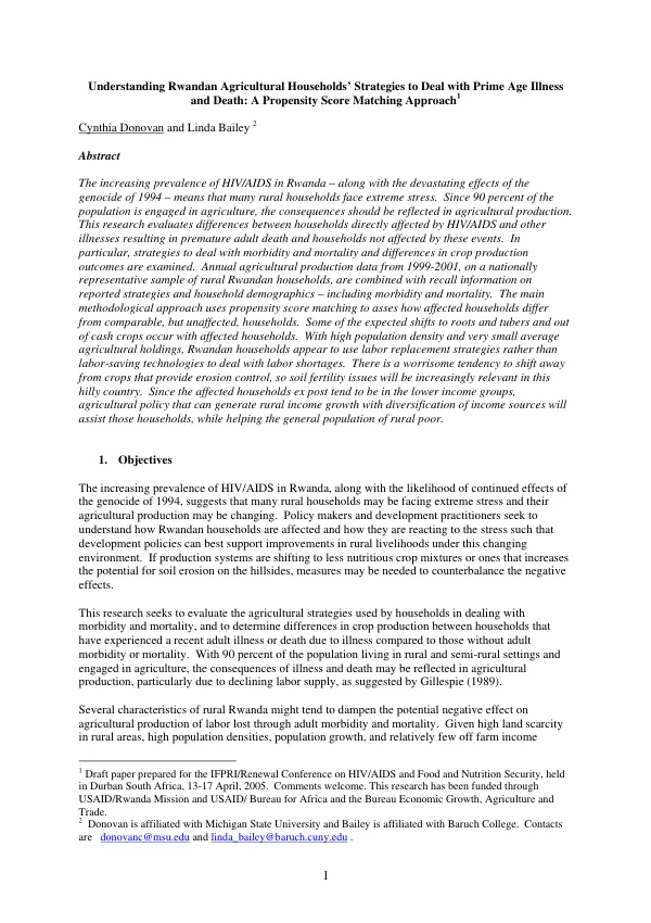 Understanding Rwandan agricultural households" strategies to deal with prime age illness and death : a propensity score matching approach