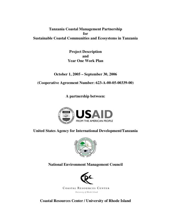 Tanzania coastal management partnership for sustainable coastal communities and ecosystems in Tanzania : project description and year one work plan, October 1, 2005-September 30, 2006