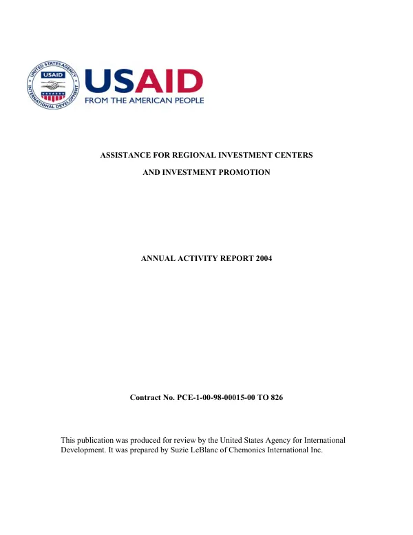 Assistance for regional investment centers and investment promotion : annual activity report 2004