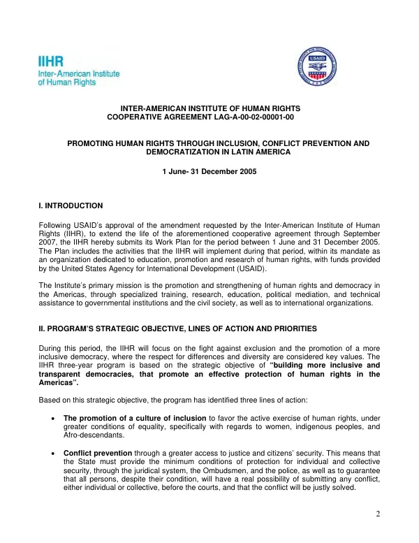 Inter-American Institute of Human Rights : cooperative agreement LAG-A-00-02-00001-00 -- promoting human rights through inclusion, conflict prevention and democratization in Latin America : 1 June-31 December 2005 [-- work plan]