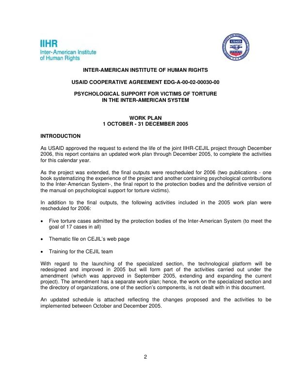 Inter-American Institute of Human Rights : USAID cooperative agreement EDG-A-00-02-00030-00 -- psychological support for victims of torture in the inter-American system : work plan 1 October-31 December 2005