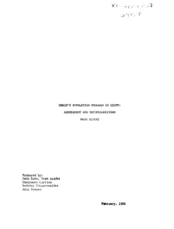 USAID's population program in Egypt : assessment and recommendations, main report