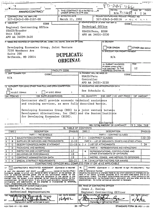 AID contract no. 527-0343-C-00-2107-00 to Developing Economies Group, Joint Venture for the policy analysis, planning and implementation project
