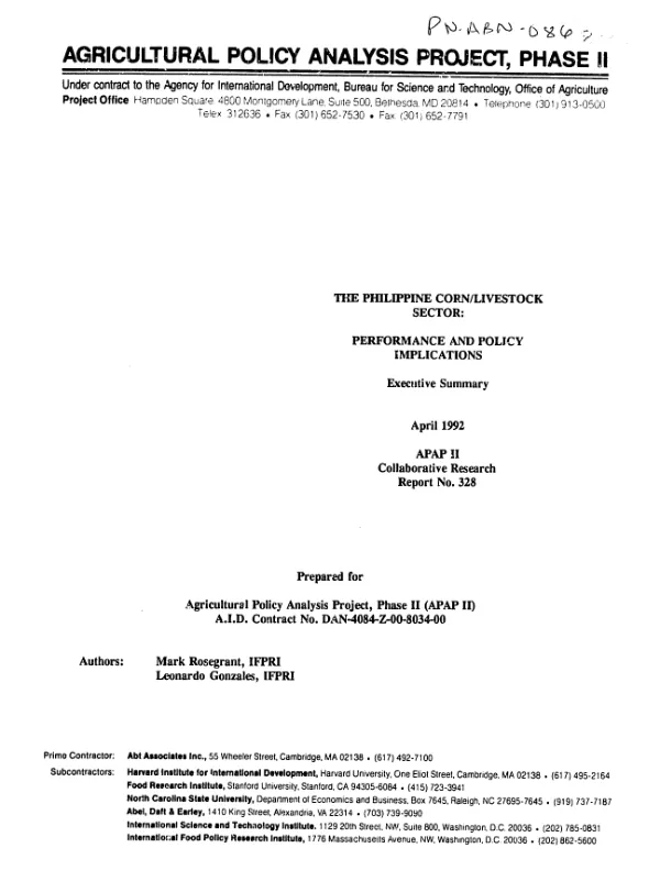 Philippine corn/livestock sector : performance and policy implications -- executive summary