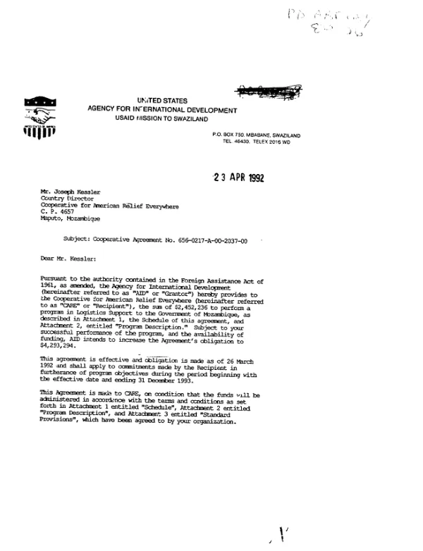 AID cooperative agreement no. 656-0217-A-00-2037-00 with Cooperative for American Relief Everywhere (CARE) to perform a program in logistics support to the Government of Mozambique