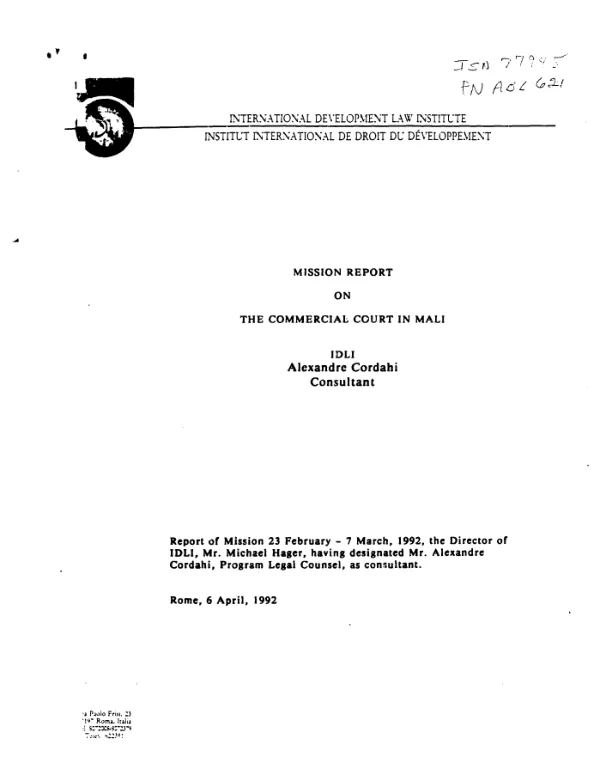 Mission report on the Commercial Court in Mali : report of mission 23 February-7 March, 1992