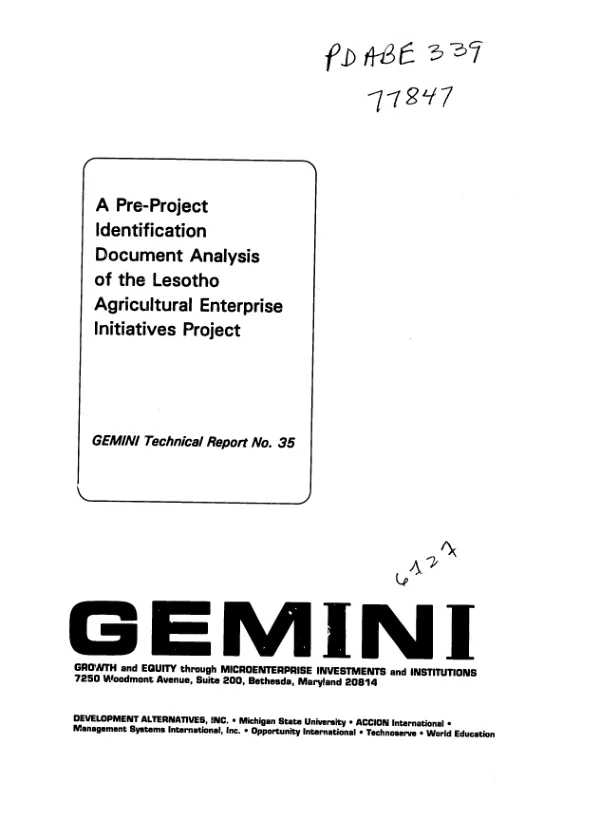 Pre-project identification document : analysis of the Lesotho agricultural enterprise initiatives project