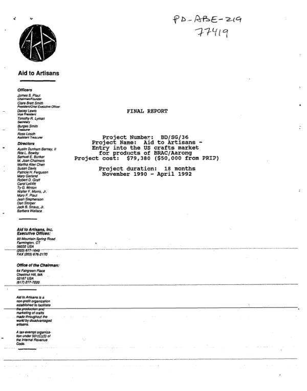 Final report -- project number : BD/SG/36, project name : Aid to Artisans - entry into the US crafts market for products of BRAC [Bangladesh rural advancement committee]/Aarong