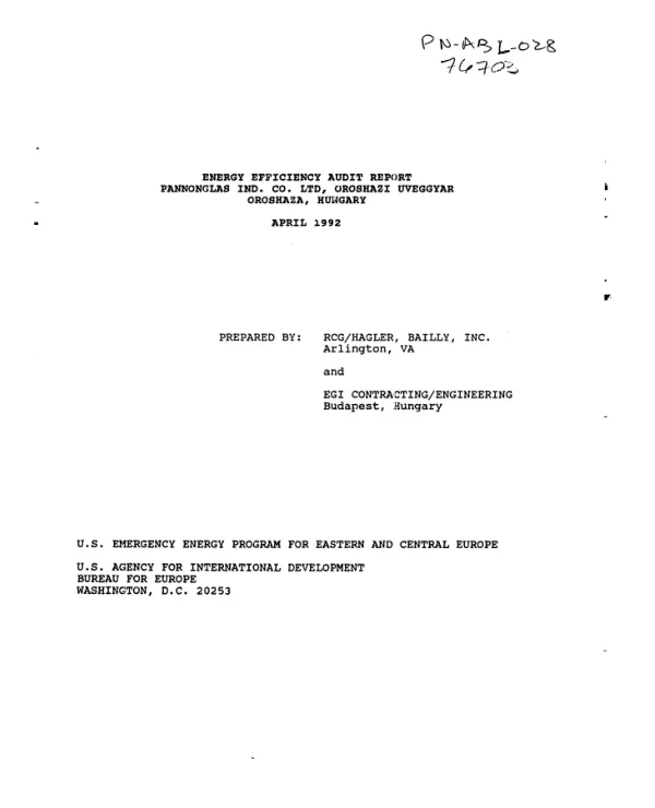 Energy efficiency audit report : Pannonglas Ind. Co. Ltd., Oroshazi Uveggyar, Oroshaza, Hungary