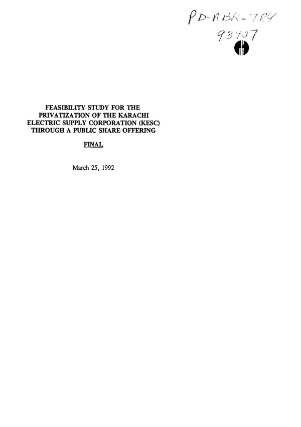 Feasibility study for the privatization of the Karachi Electric Supply Corporation (KESC) through a public share offering : final [report]