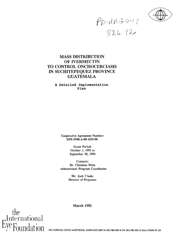 Mass distribution of ivermectin to control onchocerciasis in Suchitepequez Province, Guatemala : a detailed implementation plan