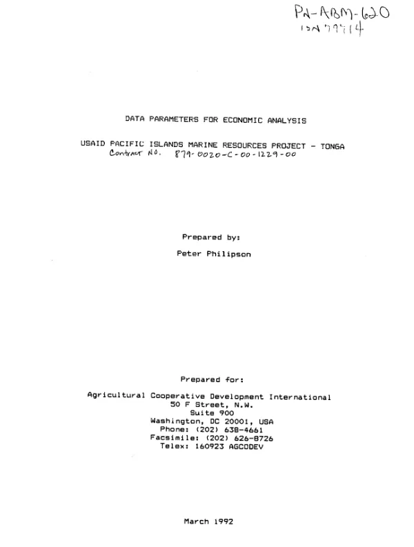Data parameters for economic analysis : USAID Pacific Islands marine resources project -- Tonga