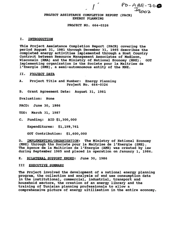 Project assistance completion report (PACR) : energy planning, project no. 664-0326