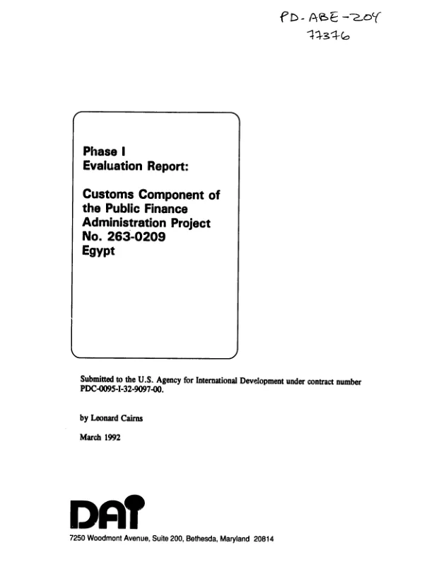 Phase I evaluation report : customs component of the public finance administration project no. 263-0209, Egypt