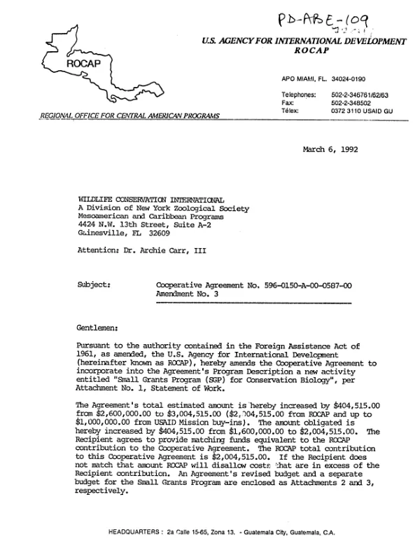 AID cooperative agreement no. 596-0150-A-00-0587-00 amendment no. 3 with Wildlife Conservation International for a small grants program for conservation biology in Central America