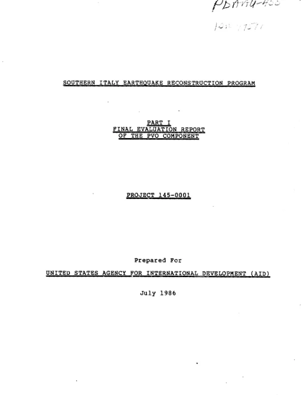 Southern Italy earthquake reconstruction program : part I, final evaluation report of the PVO component