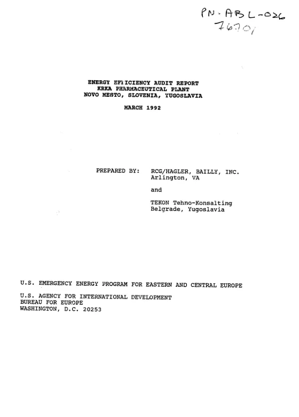 Energy efficiency audit report : Krka Pharmaceutical Plant, Novo Mesto, Slovenia, Yugoslavia