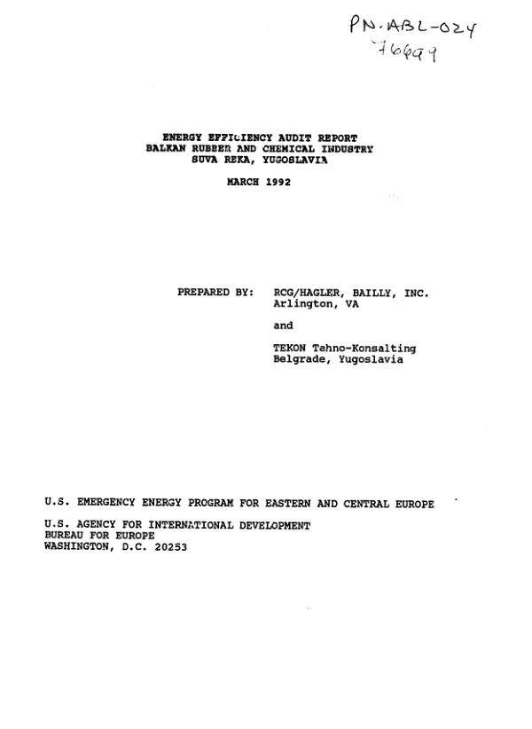 Energy efficiency audit report : Balkan Rubber and Chemical Industry, Suva Reka, Yugoslavia