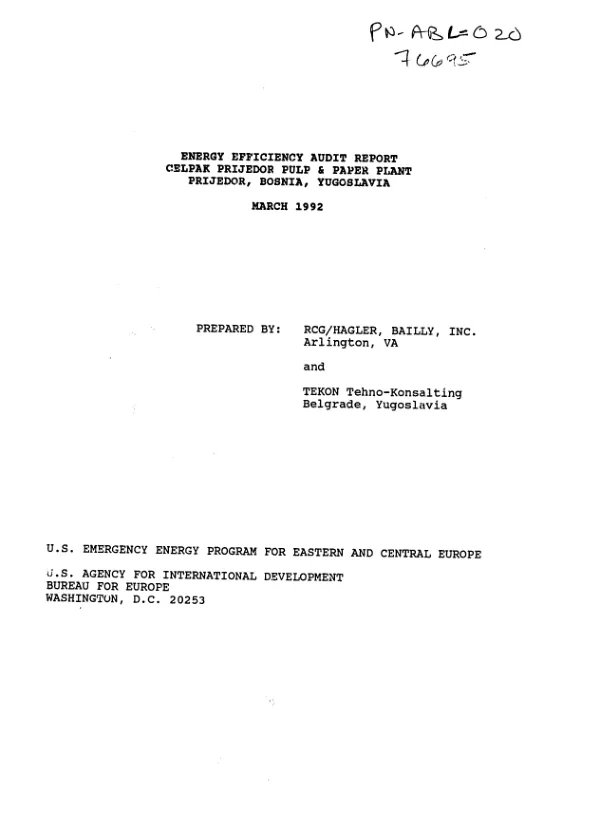 Energy efficiency audit report : Celpak Prijedor Pulp and Paper Plant, Prijedor, Bosnia, Yugoslavia