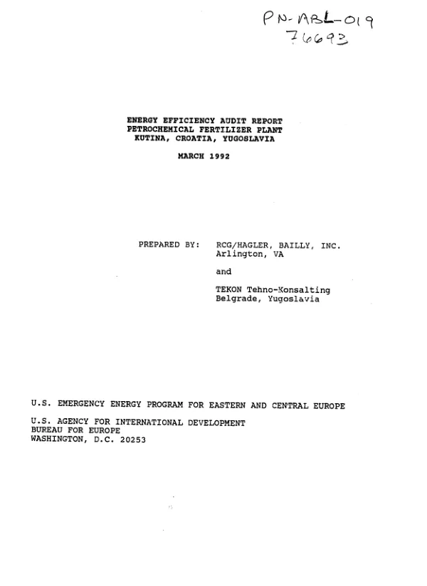 Energy efficiency audit report : Petrochemical Fertilizer Plant, Kutina, Croatia, Yugoslavia