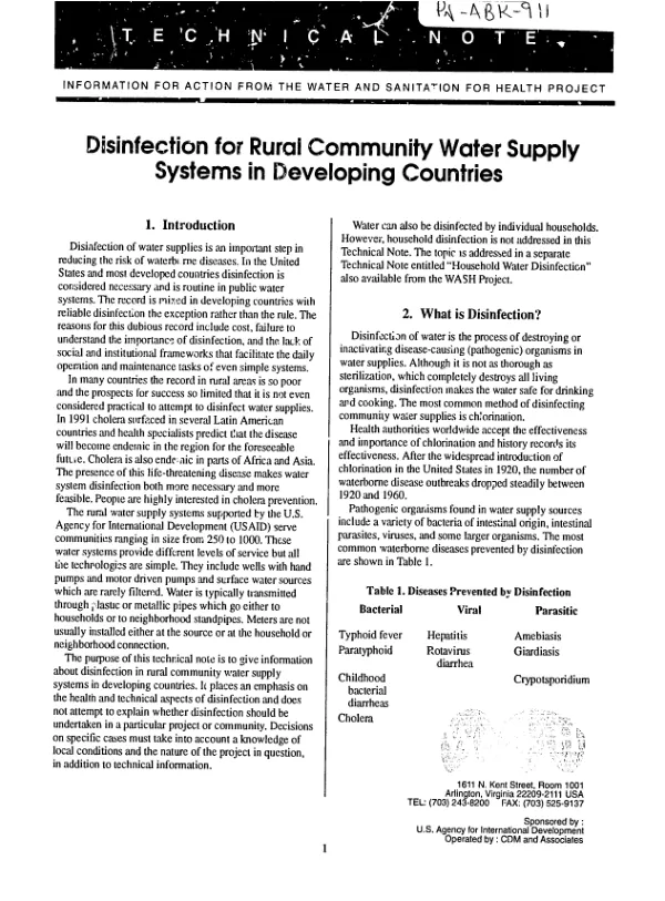 Disinfection for rural community water supply systems in developing countries