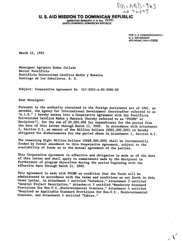 AID cooperative agreement no. 517-0265-A-00-2080-00 with the Pontificia Universidad Catolica Madre y Maestra to support a project to strengthen the democratic process in Dominican Republic